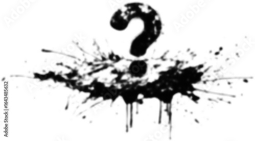 Black ink splatter with prominent question mark in abstract design