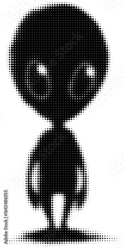 Monochrome halftone of an alien figure with large head and small body silhouette