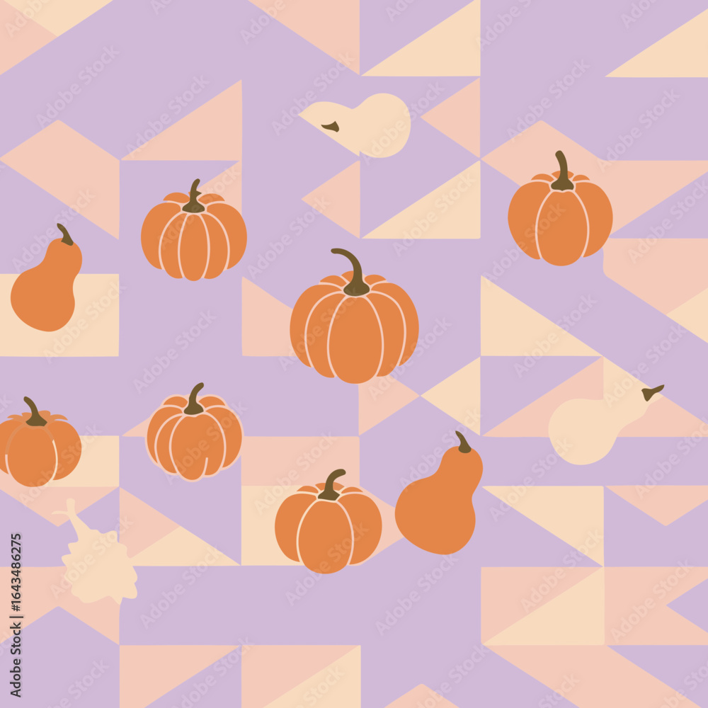 Autumnal pumpkin and pear pattern on a geometric background. Flat lay of assorted gourds on a backdrop of pastel triangles.