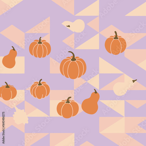 Autumnal pumpkin and pear pattern on a geometric background. Flat lay of assorted gourds on a backdrop of pastel triangles.