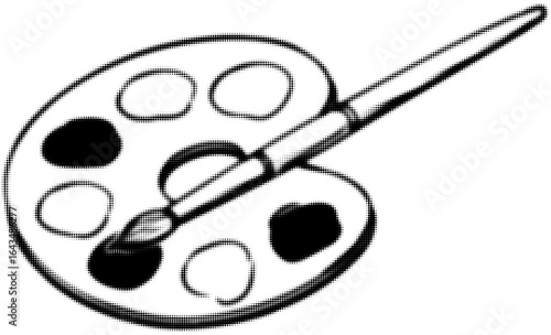 Black and white drawing of an artist's palette with a paintbrush, digital art