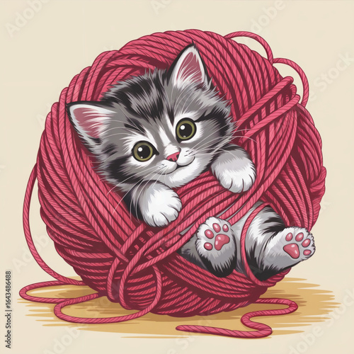 Kitten Silhouette Tangled in Yarn — Playful Pet Vector Illustration