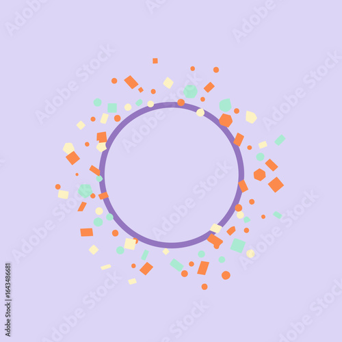 Pastel confetti with circle frame in a muted purple background. Colorful geometric confetti pieces are scattered around a simple purple circle frame.