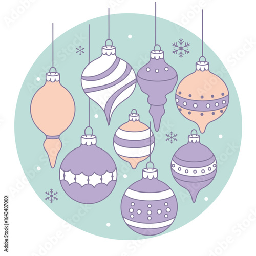 Christmas ornaments in pastel colors displayed in a circular design with snowflakes. Collection of decorative hanging Christmas balls and teardrops, suspended from the circle's perimeter.