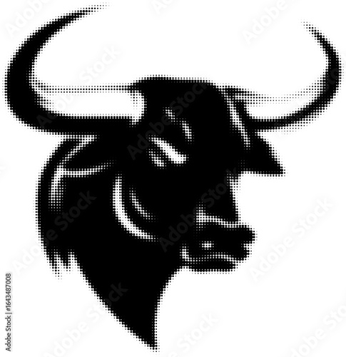 Black and white halftone illustration of an angry bull with large horns