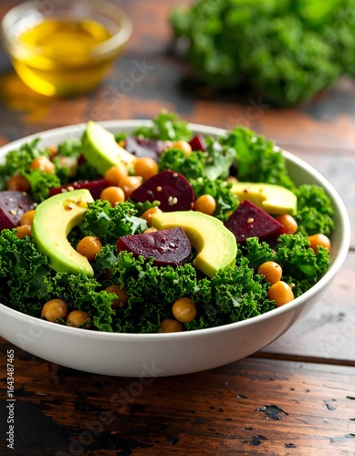Fresh Kale Salad with Avocado, Chickpeas, and Beets on Wooden Table