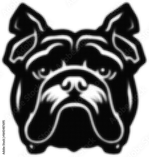 Black and white halftone illustration of a bulldog face in close-up