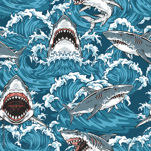 Sharks swimming through turbulent ocean waves