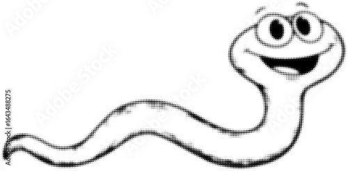 Smiling cartoon worm with big eyes in halftone monochrome style illustration