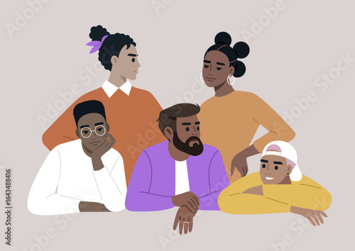 Five individuals from different cultural backgrounds gather together in a relaxed atmosphere, showcasing their unique styles and personalities while sharing ideas and laughter