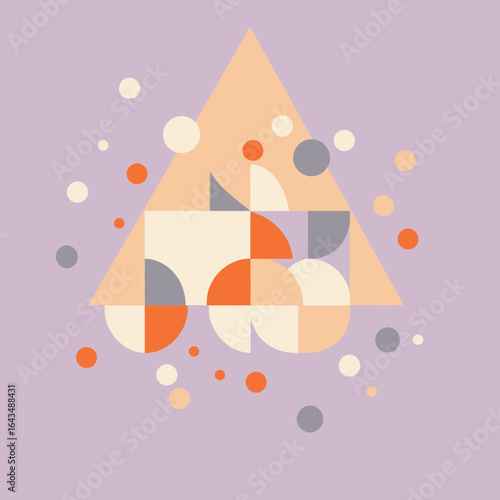 Geometric abstract design with pastel colors. Abstract shapes with overlapping geometric forms and dispersed small circles on a muted lavender background.
