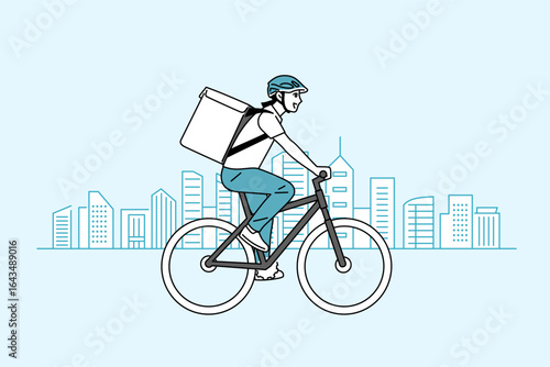 自転車で走っている女性のフード配達員のイラスト