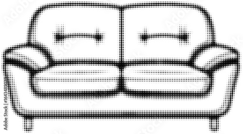 Black and white halftone illustration of a modern sofa with cushions