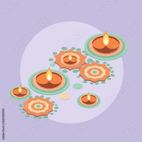Diwali diyas arranged in a decorative pattern on a soft purple background. Ornate diyas with warm orange flames displayed in an artistic, isometric view against a gently curving backdrop.