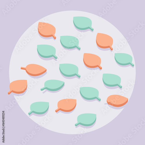 Pastel leaves in a circular arrangement on a light purple background. Abstract isometric leaf design in a variety of soft pastel colors.