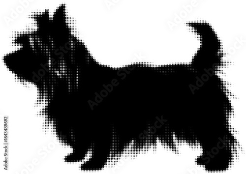 Silhouette of a small fluffy dog in black and white halftone effect
