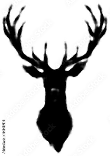 Silhouette of a deer head with antlers in halftone pattern black and white