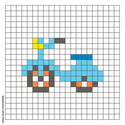 A flat pixel design made of geometric square color blocks on a clean grid layout. Pixel art scooter