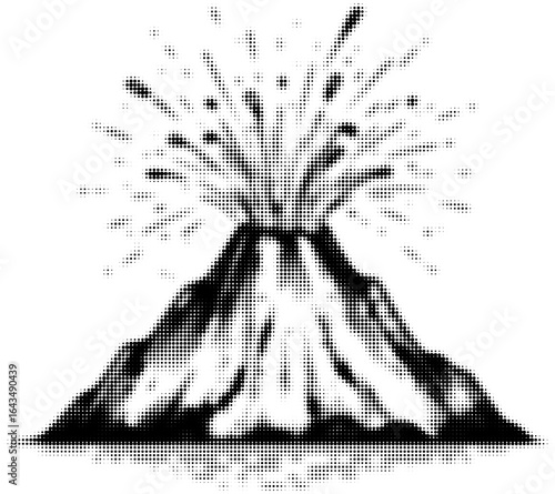 Dot art of an erupting volcano with ash clouds and lava explosion