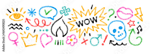 Crayon doodle icons of heart, fire, skull and speech bubble. Color hand drawn chalk symbols, abstract icons of eye, music, flower, flame, check and cross marks with crayon texture, vector illustration
