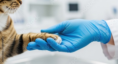 A vet wearing gloves gently holding a cat’s paw during an exam. Symbol of trust, veterinary care, and emotional connection between human and pet