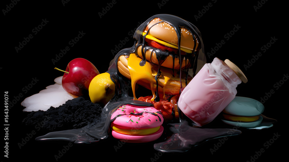 Naklejka premium Surreal still life of artificially perfect food melting into darkness, symbolizing modern dietary contradictions. 