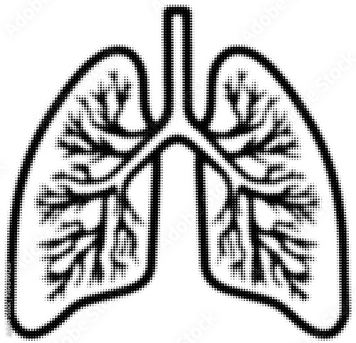 Monochrome halftone illustration of lungs with detailed bronchial branches