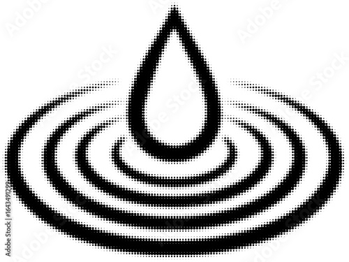 Halftone black water drop creating ripples, abstract concept