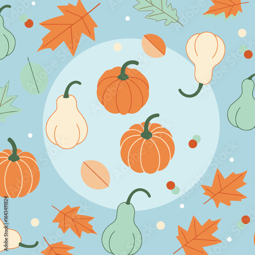Autumnal pumpkins and gourds in a light blue background with scattered leaves. Simple, flat design of seasonal produce for fall harvest or autumnal background.