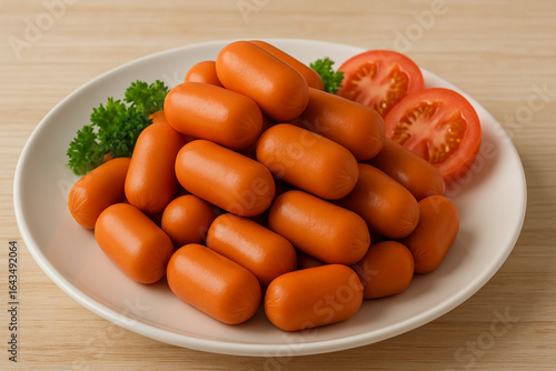 Pile of mini cocktail sausages on plate with parsley and tomato slices. ready-to-eat snack close-up