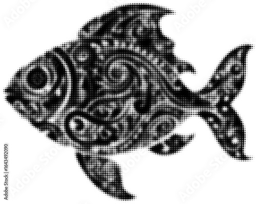 Intricate black and white ornamental fish design in halftone style