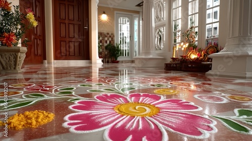 A floor with a flower design and a pink flower in the center. The floor is covered in a colorful pattern