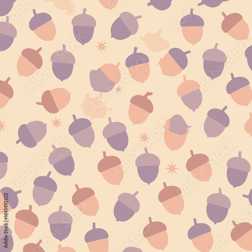 Pastel acorn shapes with a repeating pattern on a beige background. A seamless design of various shades of pink and purple acorn shapes, with golden star-like designs spread throughout.