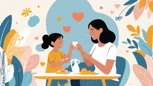 Cherishing tender moments, a mother and daughter share a heart-shaped cookie and love.