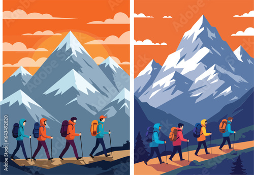 Mountain hikers trekking in nature with backpacks and walking sticks during sunset colorful landscape vector illustration