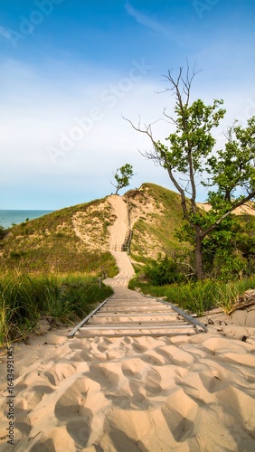 Wooden stairs leading up a sandy dune to the top.