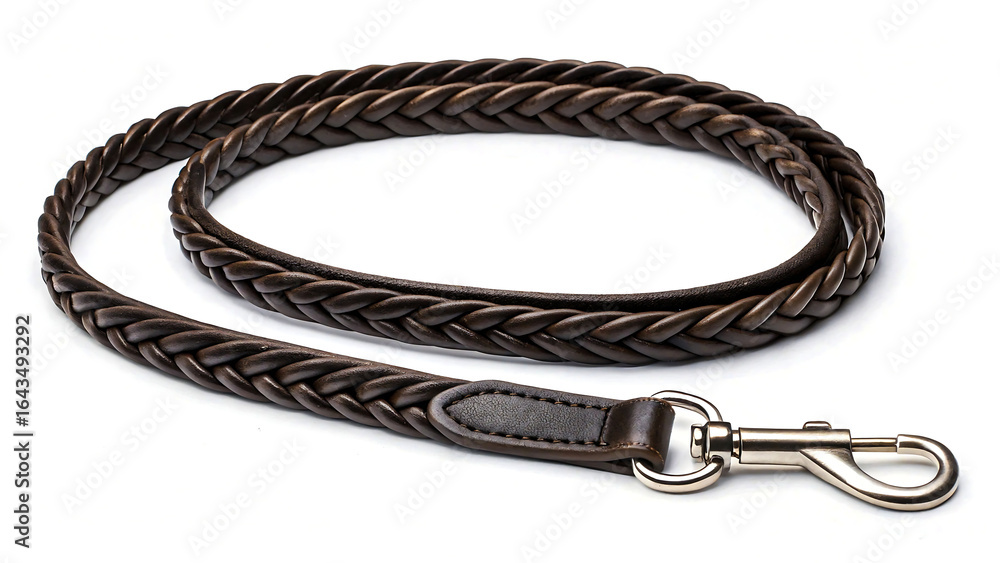 Luxurious braided leather dog leash with polished metal clasp, perfect for stylish pet owners. Luxurious braided leather dog leash with polished metal clasp, perfect for stylish pet owners.