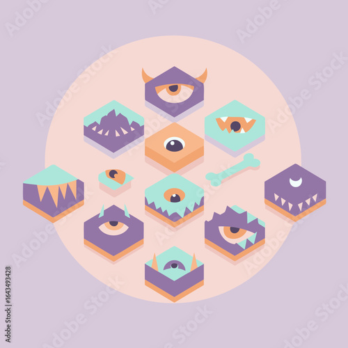 Cute cartoon monsters in a variety of pastel colors arranged in a circular pattern on a light purple background. Abstract design with isometric style, perfect for a Halloween-themed graphic.