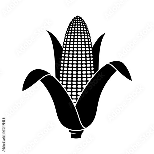 Isolated black and white graphic illustration of an ear of corn with husks
