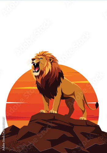Lion roaring on rocky mountain with orange sunset background wild animal nature scene vector illustration