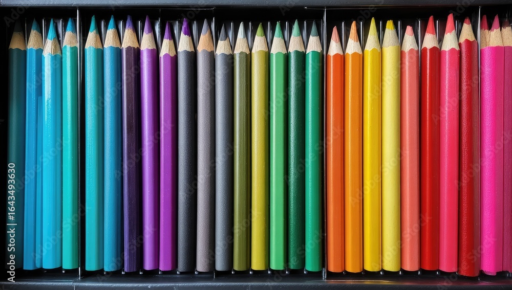 Obraz premium Colorful pencils in a black tray