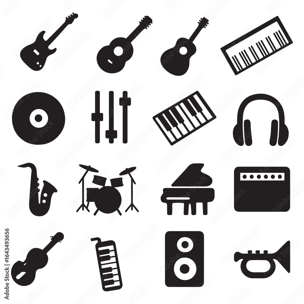 Musical Instruments and Equipment Silhouette Icon Set