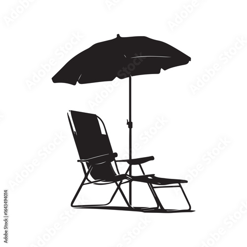 Isolated Silhouette of Beach Chair Under Umbrella for Relaxation