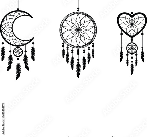 Boho dreamcatchers set with moon, triangle, eye, butterfly and feathers, spiritual tribal vector design, sacred geometric silhouette illustration for decor