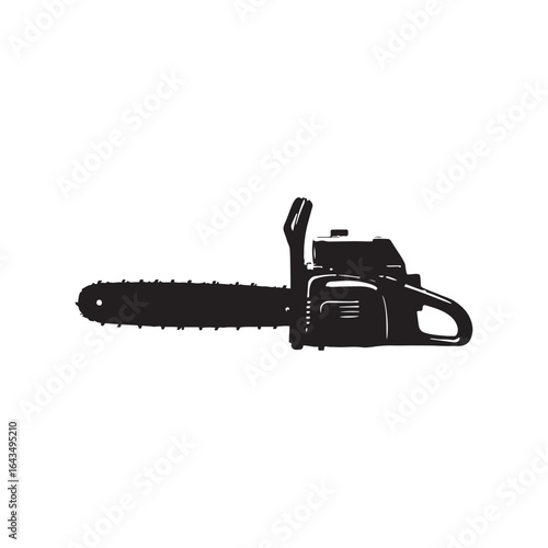 of a Black Chainsaw on a White Background, Wood Cutting Tool