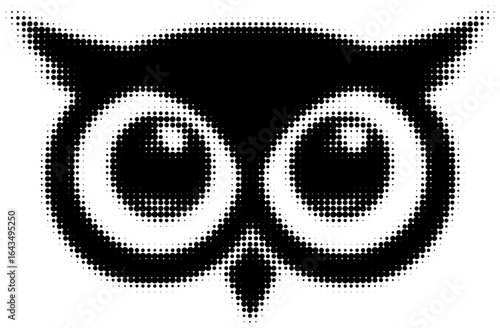 Stylized black and white halftone owl illustration with bold eyes