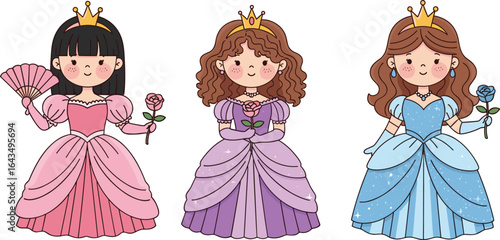 Cute princess girls in elegant dresses and crowns, holding roses and fan, fairytale vector illustration for children’s design, storybook, and decor