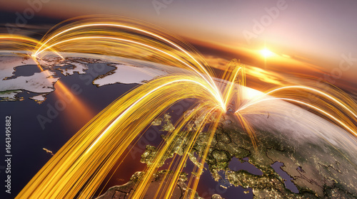 Golden streams of light connecting europe at sunset, symbolizing global communication