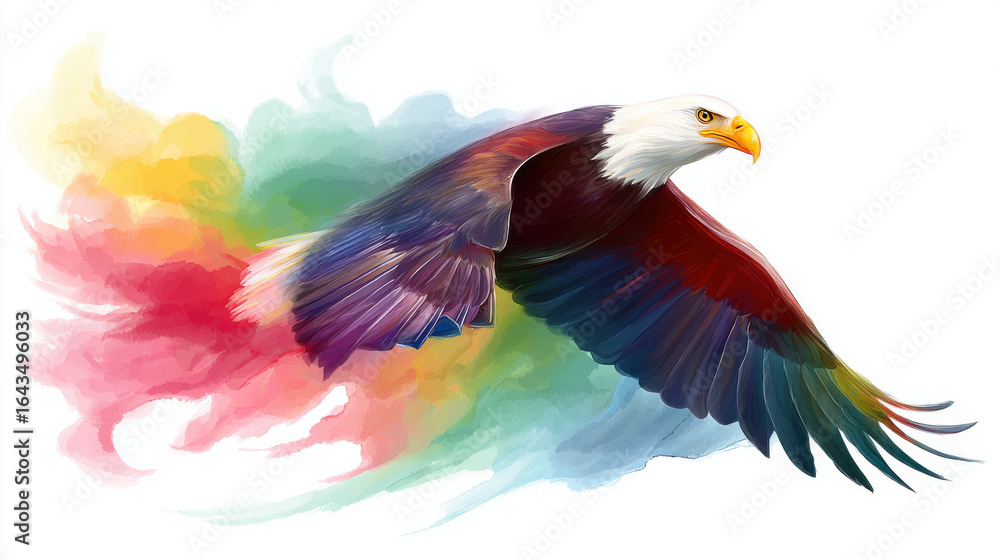 Obraz premium Majestic bald eagle soaring through colorful watercolor sky