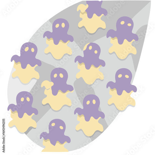 Cute ghost illustrations with pastel colors arranged on a gray backdrop. Abstract Halloween theme with ghosts in a playful pose on a blank background.